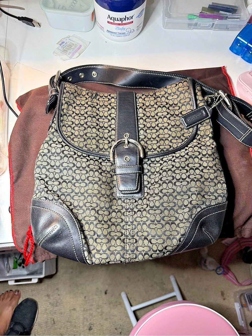 Coach Soho Signature Buckle Flap Shoulder Bag Brown & Black